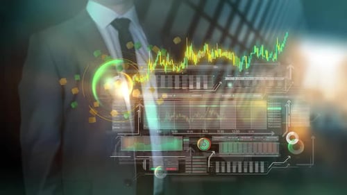 Futuristic Business Data HUD with Interactive Holographic Display