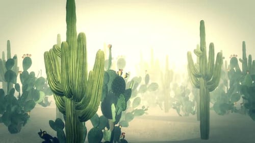 Animated Desert Landscape with Cacti and Flying Birds