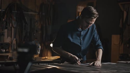Young Adult Working in Workshop Cutting Leather