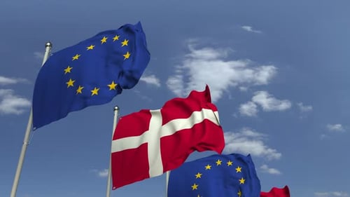 Denmark and EU Flags Waving in Blue Sky Animation