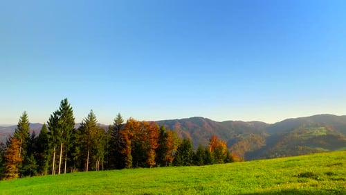 Sunny Day and Meadows in Mountains