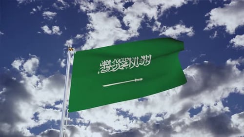 Saudi Arabia Flag Waving in Realistic Cloudy Blue Sky