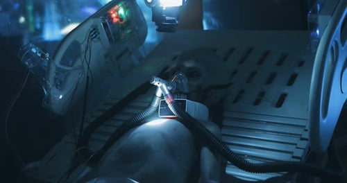 Alien on a medical bed in a lab