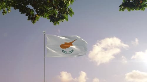 Cyprus National Flag Waving with Emerging Cityscape