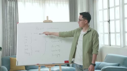 English Teacher Explains Grammar Lesson At Whiteboard