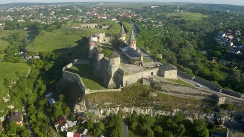Aerial View of the Ruins of a Large Medieval Castle in Europe