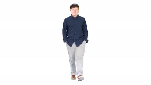 Young Man Walking in Blue Shirt and Hat