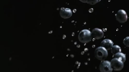 Blueberries Falling with Water Droplets in Slow Motion