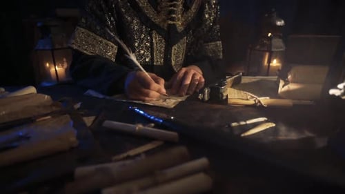Person Writing with Quill in Dimly Lit Room