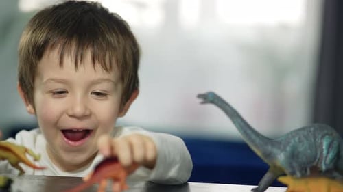 Happy Young Boy Playing with Dinosaurs at Home