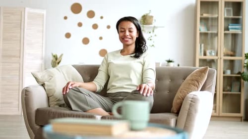 Woman Smiling Relaxing on Couch in Living Room