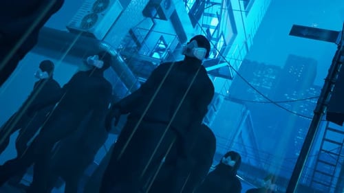 People wearing protective masks walking in the night along a rainy city street.