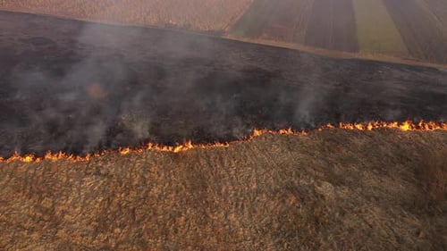 Aerial View of Spring Dry Grass Burning Field. Fire and Smoke in the Meadow, Nature Pollution