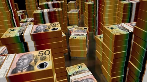 3d flight over the Australian Dollar money banknote packs loop