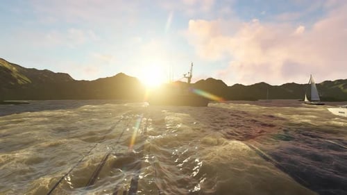 Animated Sea View with Boats and Mountains at Sunset