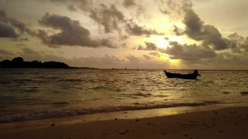 Aerial above tourism of idyllic lagoon beach holiday by clear water and white sandy background of jo