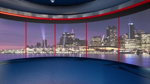 Estudio virtual de noticias de televisión con fondo de ciudad nocturna y reflectores D