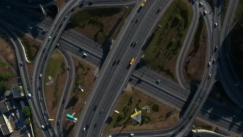 Drone View Cars Driving on Freeway Overpass, Aerial View Car Traffic on Highway
