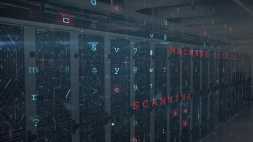 Network of icons and connections, data processing and digital information in a server r