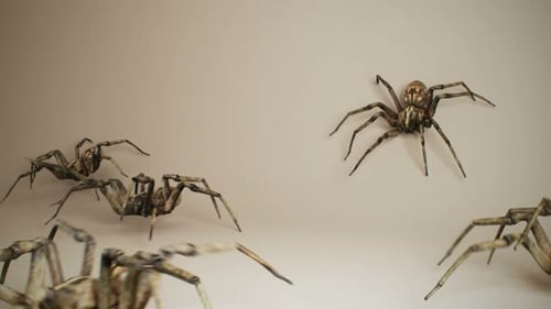 Dutzende großer giftiger Spinnen krabbeln über die dunkelgrüne Wand. Spinnenarmee.