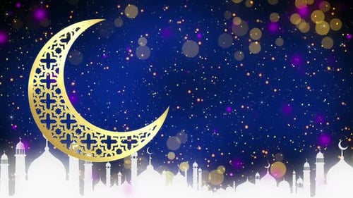 Golden Crescent Moon and Mosque Silhouettes for Islamic Celebrations
