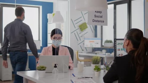 Office Workers Wearing Masks, Social Distancing
