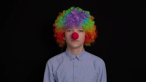 Clown with Rainbow Wig and Red Nose Portrait