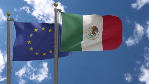 Waving Flags of European Union and Mexico on Blue Sky