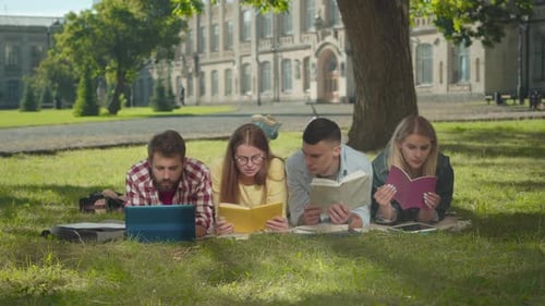 Young College Students Lying in Row on Green Meadow with Books and Laptop and Talking. Portrait of