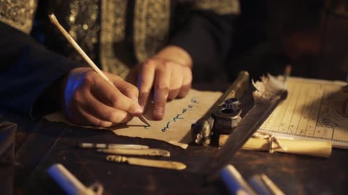 Man Writes with Quill on Parchment