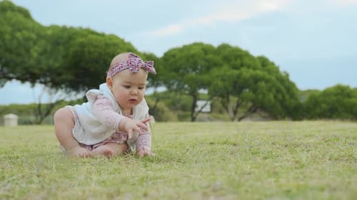 Porträt von niedlichem Baby Mädchen Kleinkind Mädchen im Freien, das Grashalm isst