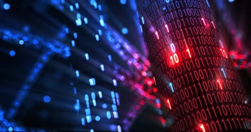 Abstract red and blue hacking digital binary code matrix 01 background loop.