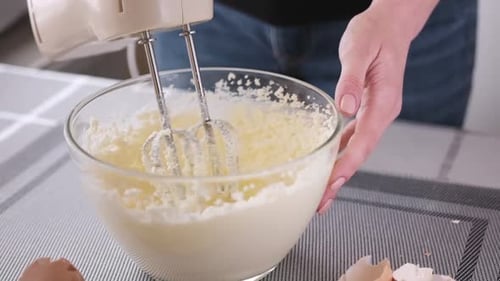 Preparing Sweet Food Dessert in Kitchen at Home Mixing Ingredients in Bowl Cooking Dough