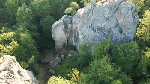Aerial View of Bright Landscape with Green Forest Trees and Big Rocky Boulders Between Dense Woods