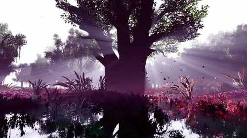 Mystical Forest Scene with Sun Rays and Vibrant Flora Animation
