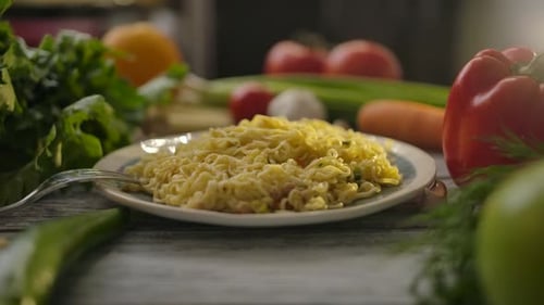 Fresh Noodles and Vegetables on Kitchen Table