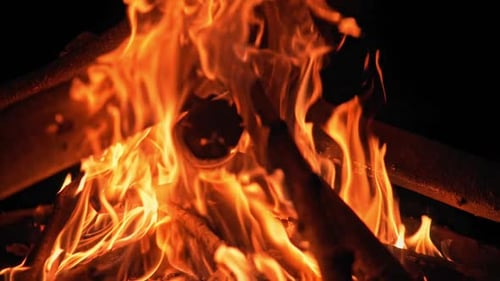 Bright Orange Flames Flicker from Campfire at Night