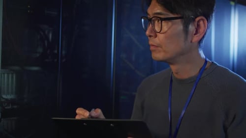 IT Professional Inspecting Servers in Data Center