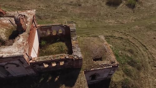 abandoned lonely church in the field, Aerial, Abandoned village "Svoboda" 09