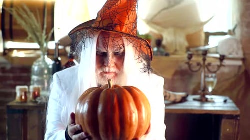 Stargazer in Halloween Holiday Costume. Traditional Food. Remember the Ghoul Times. Creepy Man