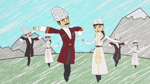 Hommes et femmes arméniens en tenue nationale dansant lezghinka