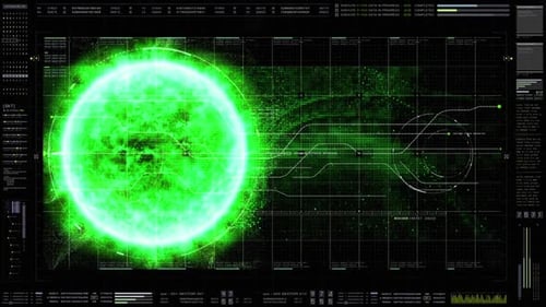 Futuristic HUD Display with Green Glowing Orb and Data Analytics