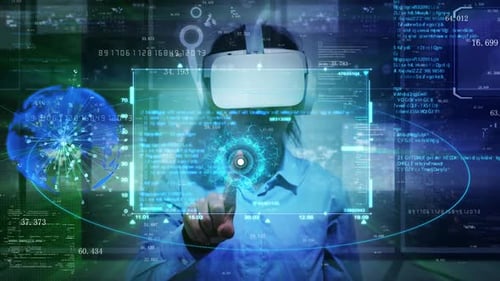 Virtual Reality User Interacting with Futuristic Data Interface