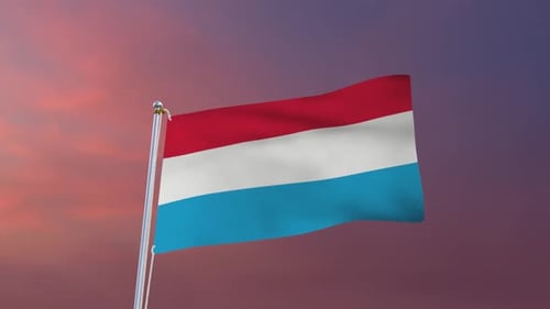 Luxembourg Flag Waving in Wind Against Dynamic Sunset Sky