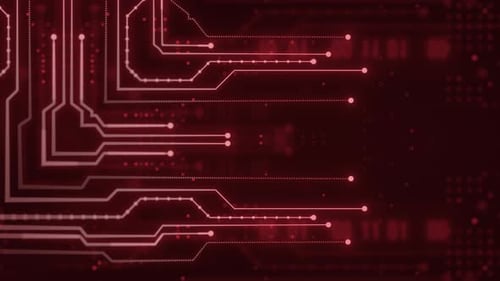 Animated Red Circuit Board with Glowing Data Flow Lines