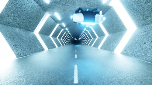 Long tunnel futuriste avec des voitures volantes