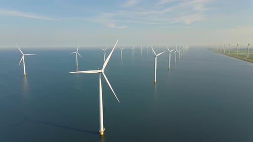 Huge Windmill Turbines Offshore Windmill Farm in the Ocean Westermeerwind Park Windmills Isolated at