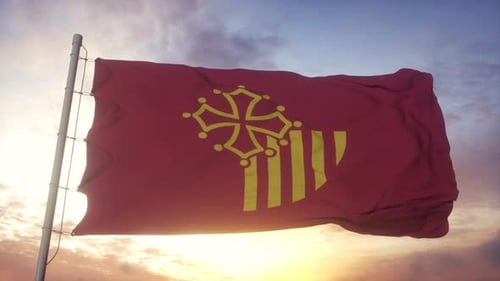 Realistic Occitania Flag Waving Against Golden Sunset Sky