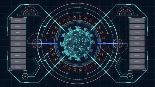 Animation der auf einem Bildschirm analysierten Makro-Coronavirus-Covid-19-Zelle mit medizinischen Informationen