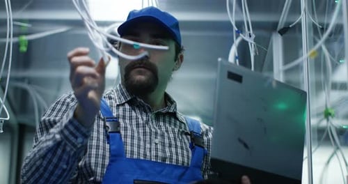 Technician Checking Cables in a Data Center
